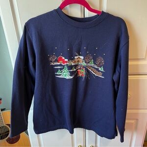 Vintage Embroidered Christmas Trees Sleigh Snow Cozy Crewneck Sweatshirt Blue M